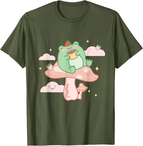 Vista 43 de Kawaii Strawberry Frog On Mushroom - Camiseta de manga corta de anime, Azul / Patchwork, S Azul Pastel