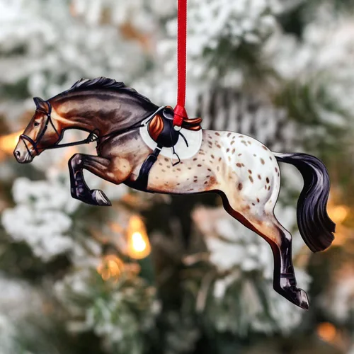 Vista 3 de Adorno de Navidad de caballo cazador, decoración de salto de caballo deportivo, regalos de caballo para ecuestre (manta moteada de bahía Appaloosa)