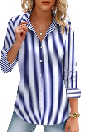 Vista 19 de HOTOUCH Camisas de mujer con botones de manga larga, camisa de vestir ajustada, blusas de trabajo, cuello, elegantes, casuales, de negocios