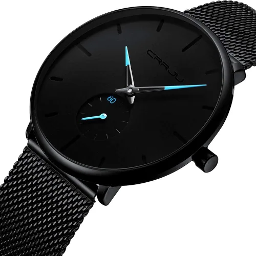 Vista 2 de CRRJU Reloj de cuarzo analógico delgado para hombre, reloj de pulsera con esfera negra con correa de malla
