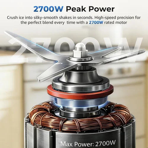 Vista 3 de Licuadora casera, licuadora de alta velocidad de 2700 W para potencia de trituración de hielo, cuchillas de acero inoxidable, temporizador