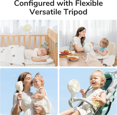 Vista 6 de JISULIFE Mini ventilador de cochecito de 4000 mAh funciona con 4 velocidades, recargable 720° giratorio, clip para asiento de bebé, cuna, carrito