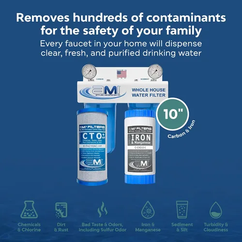 Vista 4 de Applied Membranes Inc. Sistema de filtro de agua de 2 etapas para toda la casa, 1 cartucho de filtro de carbono y 1 hierro, 4.5 x 10 pulgadas