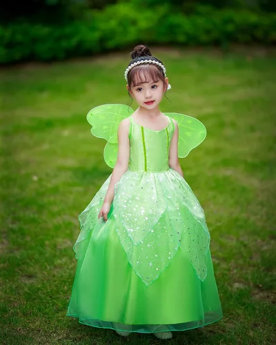 Vista 6 de Carkno Disfraz de princesa verde para niñas con alas de hada, diadema de flores, accesorios de disfraz, juego de rol de Halloween