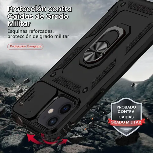 Vista 4 de Funda para iPhone 12 / iPhone 12 Pro con cubierta para lente de cámara, protector de pantalla HD, protección contra caídas de grado militar, soporte