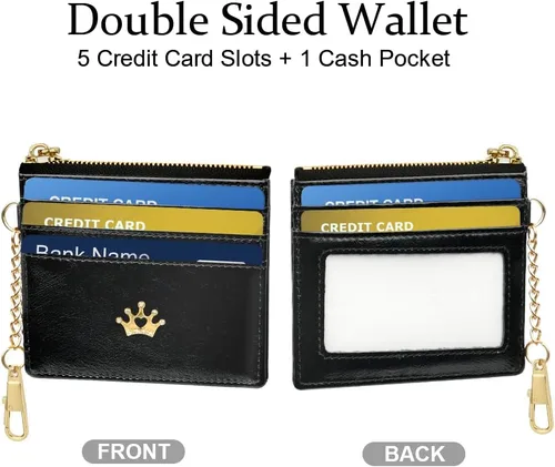 Vista 4 de URAQT Cartera para tarjetas de crédito, cartera minimalista de cuero delgado con cremallera, mini protector de tarjeta de crédito, llavero bolsillo