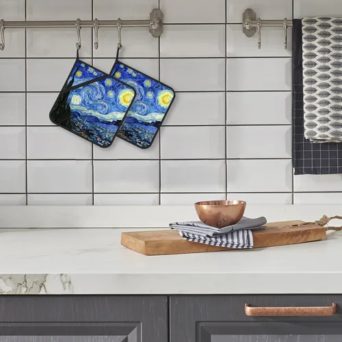 Vista 5 de Juego de 2 soportes para ollas, diseño de noche estrellada, resistente al calor, para barbacoa, cocinar, hornear, comida caliente para mujeres