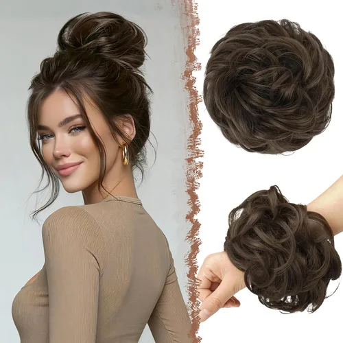 Vista 17 de FESHFEN Pieza de Cabello Grande de Moño Desordenado de Fibra Sintética Negro Azabache, 1.94 oz