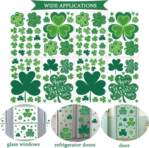Vista 3 de CAVLA Decoración de trébol para ventana del día de San Patricio, 8 hojas de trébol grande del día de San Patricio, calcomanías estáticas