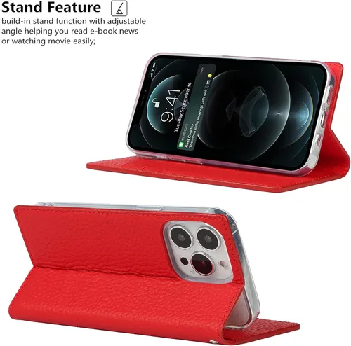 Vista 5 de iCoverCase Compatible con iPhone 13 Pro Max, funda magnética de piel auténtica con bloqueo RFID, correa para la muñeca y ranuras para tarjetas, Rojo