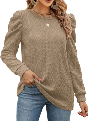 Vista 3 de XIEERDUO Sudaderas para mujer, cuello redondo, manga abombada, suéteres sueltos, ropa moderna y fluida