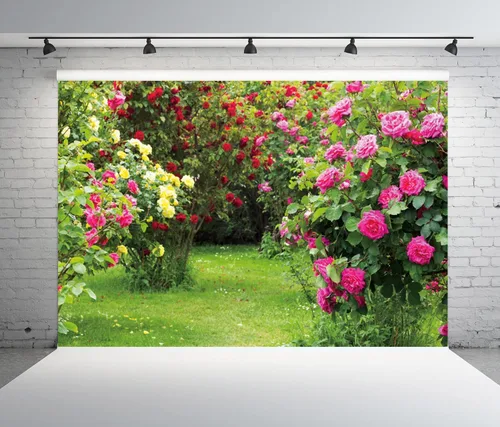 Vista 3 de Renaiss Telón de fondo de jardín de primavera de 5 x 3 pies, color rojo, rosa, rosa, flores, hojas verdes, hierba, paisaje natural, fondo