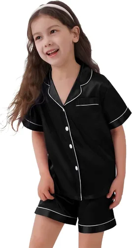 Vista 7 de SWOMOG Conjunto de pijama de satén para niños y niñas, con botones, de manga corta, ropa de dormir de seda de 2 piezas