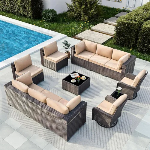 Vista 20 de Gotland Juego de muebles de patio de 6 piezas con 1 mesa auxiliar, 5 plazas de ratán seccional para exteriores con reposabrazos anchos de 29.5 Gris
