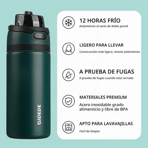 Vista 3 de BJPKPK Botella de agua aislada de 17 onzas con tapa de popote y asa, acero Verde militar