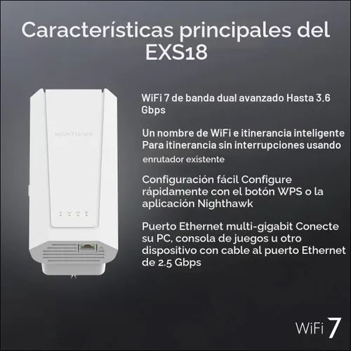 Vista 8 de NETGEAR Nighthawk WiFi 7 Extender EXS18, hasta 1,200 pies cuadrados, 3,6