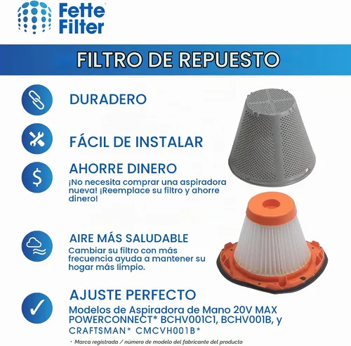 Vista 3 de Fette Filter - Juego de filtros de vacío compatibles con BLACK+DECKER 20V MAX POWERCONNECT modelos de aspiradora de mano BCHV001C1, BCHV001B