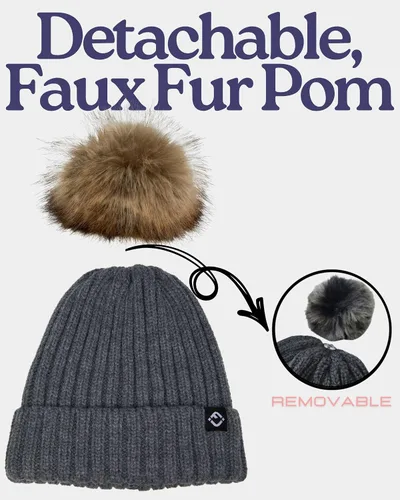 Vista 8 de Funky Junque Gorro de invierno para niños pequeños, gorro con pompón para niña, gorro de bebé desmontables, gorro de calavera cálido de punto a