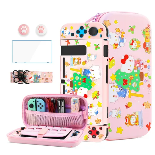 Vista 11 de HYPERCASE Cute Cat Switch Case Kit for NS Accessories Storage, with Portable Travel Carrying Bag Pouch, Soft Switch Protective Skin Cover, HD Screen