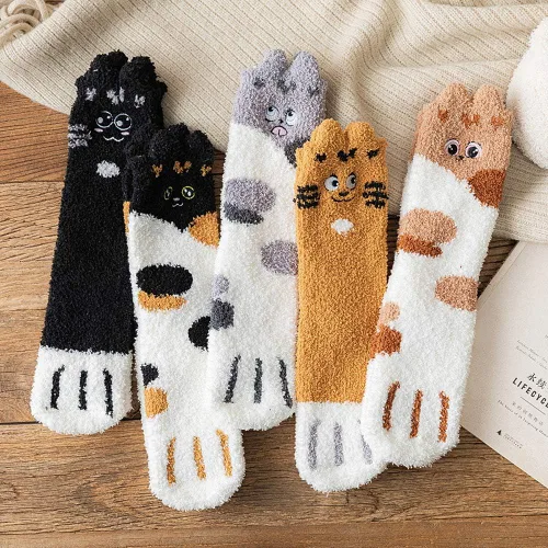 Vista 7 de Calcetines mullidos para mujeres, adolescentes, niñas, largos, lindos dibujos animados, animales, pata de gato, felpa, forro polar, calcetines