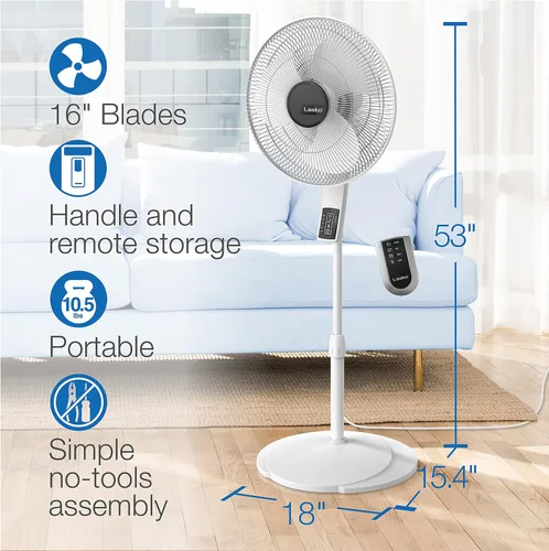Vista 6 de Lasko Ventilador de pedestal oscilante, termostato, altura ajustable, control remoto, temporizador, 4 velocidades, para dormitorio, sala de estar