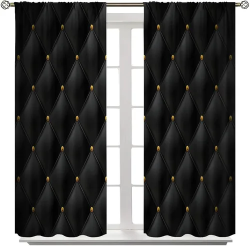 Vista 137 de Cortinas Negras con Dobladillo Dorado, Cortinas Opacas con Bolsillo para Barra con Estampado de Rayas de Foil en Onda Dorada para Decoración de Negro