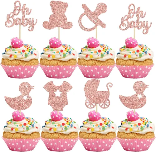 Vista 18 de Gyufise Paquete de 36 adornos para cupcakes Oh Baby ensamblados con texto en inglés "It's a Boy" con corbata, mameluco de amor, corazón, purpurina