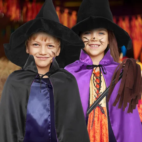 Vista 7 de Boyiee 3 piezas de disfraz de bruja para niños, capa reversible, sombrero de mago, escoba de mago, capa de vampiro para carnaval, Mardi Gras, Día