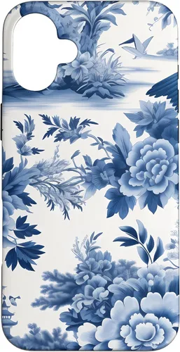 Vista 22 de iPhone 16 White and blue Chinoiserie Botanical Floral Bird Classic Case