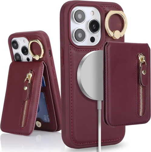 Vista 31 de para iPhone 14 Funda con soporte magnético Magsafe compatible, llavero de cuero PU plegable con soporte desmontable, funda tipo cartera 2-en-1