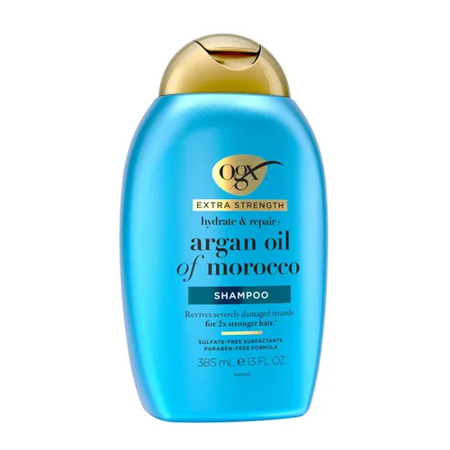 Vista 7 de OGX Champú de fuerza extra hidratante y reparación + aceite de argán de Marruecos para cabello seco y dañado, aceite de argán prensado en frío