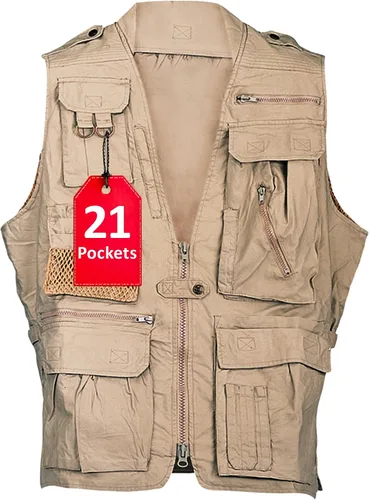 Vista 19 de Humvee - Chaleco utilitario con 21 bolsillos, para viajes, safari, caza, camping, 100% algodón, chaqueta táctica para hombres y mujeres
