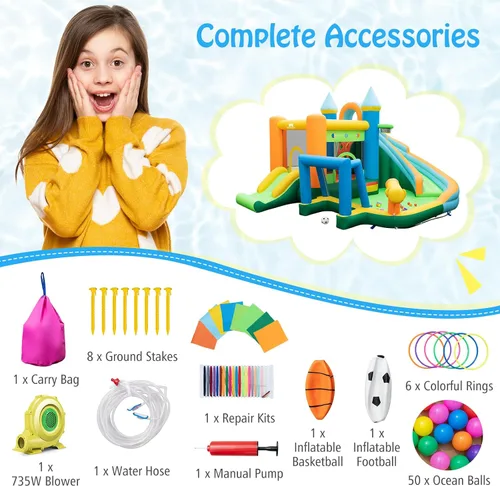 Vista 4 de BOUNTECH Tobogán acuático inflable, castillo de salto de agua 9 en 1 para niños con soplador, toboganes dobles, pelotas oceánicas, puerta de fútbol