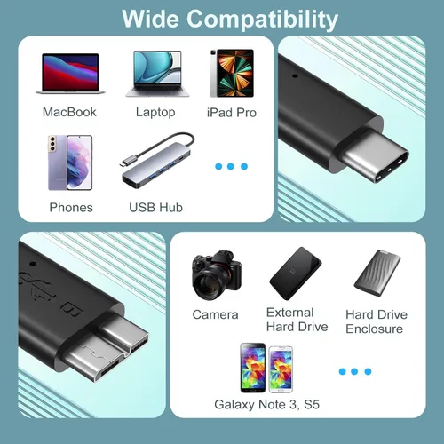 Vista 7 de Cable micro B a USB C, cable de disco duro externo USB 3.1 Gen1 5Gbps cable de repuesto de cámara de transferencia de datos compatible con Seagate