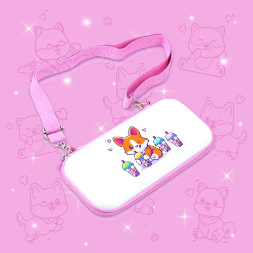 Vista 4 de BelugaDesign Corgi Boba - Estuche de transporte Protector blanco rosa pastel Lindas patas de té de burbujas de perro de anime Kawaii