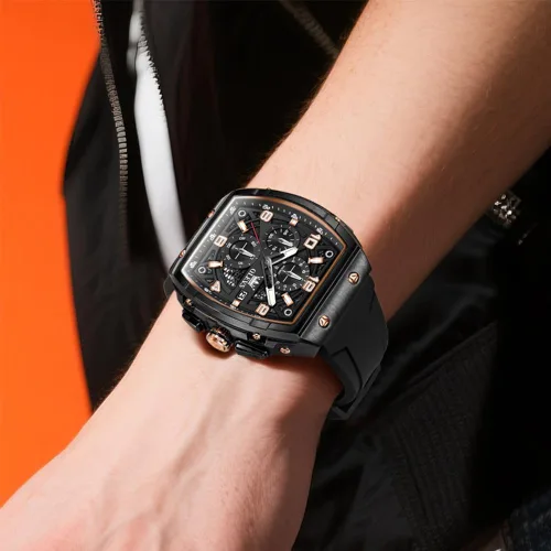 Vista 4 de OLEVS Reloj para hombre de lujo de cara grande negro relojes de pulsera de silicona cuadrado multifuncional vestido impermeable cronógrafo analógico