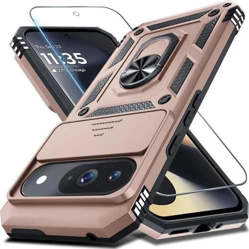 Vista 23 de Janmitta - Funda compatible con Google Pixel 9 Pro XL con cubierta deslizante para lente de cámara incorporada + protector de pantalla + soporte