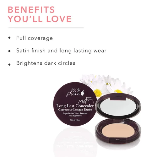Vista 3 de 100% PURE Corrector compacto de larga duración pigmentado de frutas, rosa alpino, corrector de cobertura completa, disminuye las ojeras