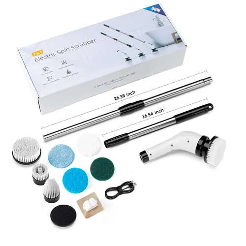 Vista 2 de Limpiador eléctrico giratorio con 8 cabezales de cepillo - HIMAAT IPX7 impermeable, mango de extensión ajustable y pantalla LCD - Potente cepillo