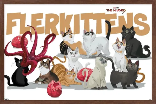 Vista 15 de Marvel The Marvels - Póster de pared de Flerkittens, 22.4 pulgadas de largo x 14.7 pulgadas de ancho, versión enmarcada de madera de granero