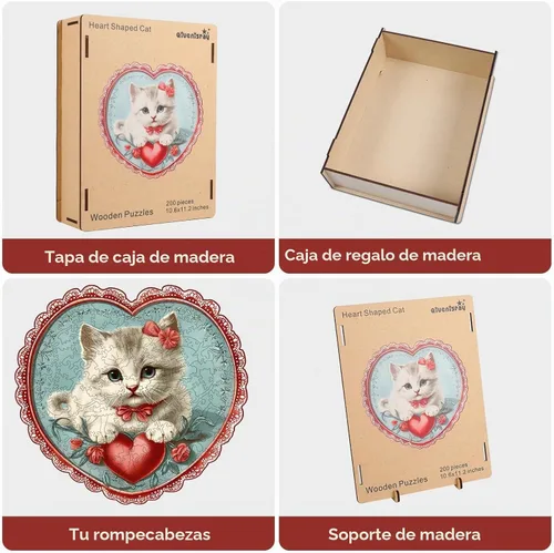 Vista 8 de Qiuenisray Rompecabezas de Madera para Adultos, Rompecabezas de Gato en Forma de Corazón de 200 Piezas, Rompecabezas de Forma Única Certificado FSC