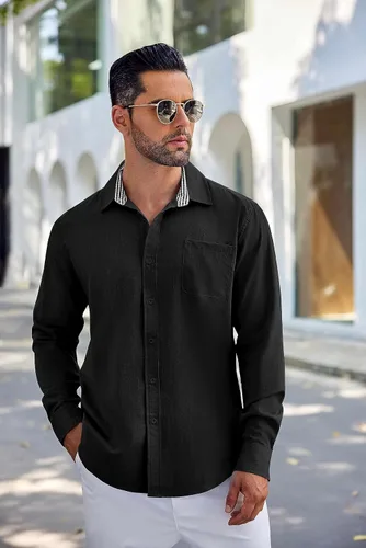 Vista 5 de COOFANDY Camisa de lino con botones para hombre, de manga larga, informal, para playa, con bolsillo