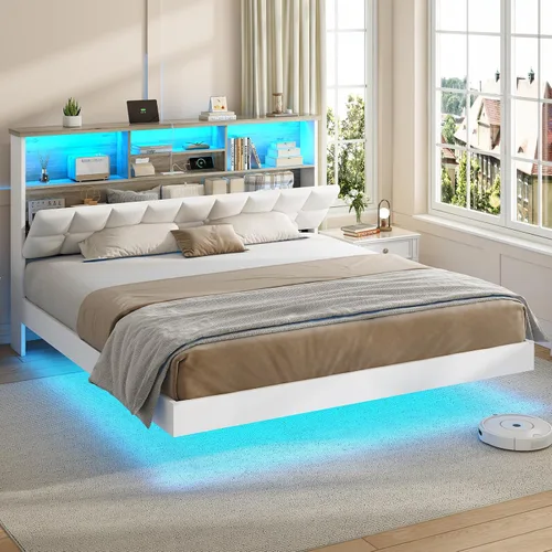 Vista 12 de VIAGDO Base de cama flotante tamaño Twin con cabecera y almacenamiento, base de cama tapizada de plataforma Twin con estación de carga USB y Tipo C