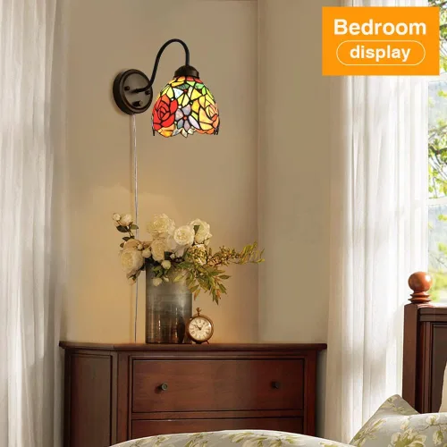 Vista 5 de Tiffany - Lámpara de pared para mesita de noche con interruptor regulable, aplique de pared de cuello de ganso vintage industrial con cable
