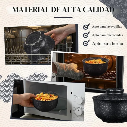 Vista 5 de SiliFine Juego de 2 cuencos de cerámica para ramen con tapa, olla de arcilla para microondas de 25 onzas, vajilla tradicional japonesa, olla de Negro