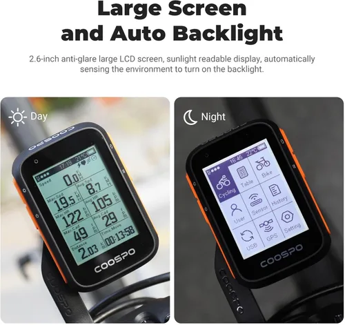Vista 6 de Computadora de bicicleta COOSPO inalámbrica con GPS, velocímetro de bicicleta con retroiluminación automática, computadora de ciclismo GPS Bluetooth