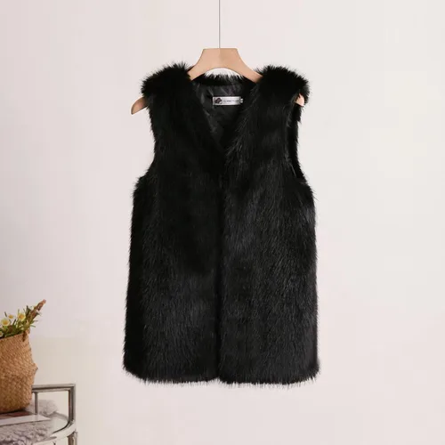 Vista 2 de Chaleco de invierno para mujer, abrigo cálido, chaleco de piel sintética, sin mangas, casual, delgado, chaqueta sólida