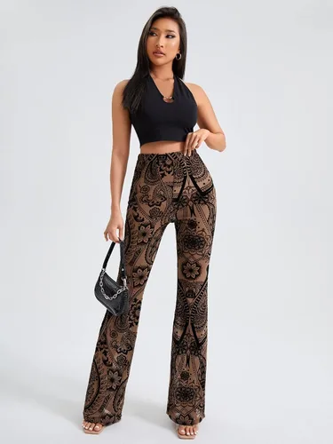 Vista 5 de OYOANGLE Pantalones de yoga de cintura alta para mujer, con estampado floral, pierna ancha