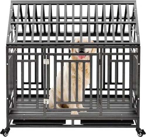 Vista 7 de Jaula para perros de alta resistencia, corralito de metal grande y fuerte para perros grandes y medianos con cuatro cerraduras resistentes y cuatro