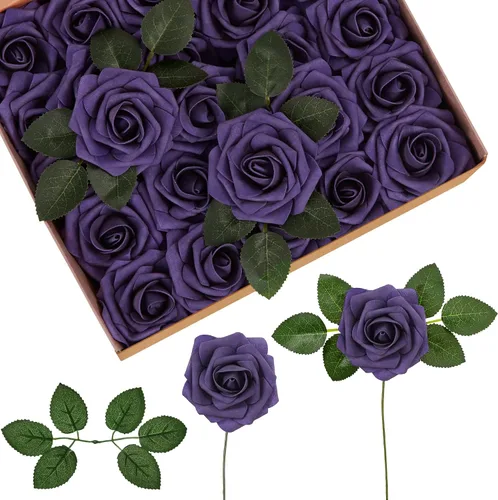 Vista 6 de InnoGear Flores artificiales, paquete de 50 unidades, rosas artificiales de espuma negras con tallos a granel para decoración, ramos de boda DIY